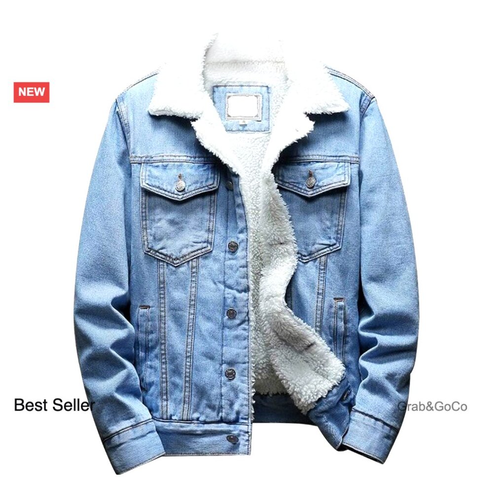 Sherpa Lined Denim Trucker Jacket Classic Vintage Relaxed Fit Mens Outerwear